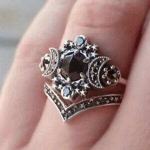 Silver Black Diamond Gothic Universe Moon Star Ring Set